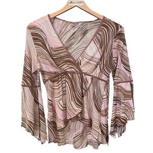 RARE Rave Vtg 90s Pink Brown Swirl Bell Sleeves Fairy Psychedelic Hippie Top XL